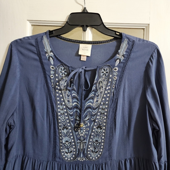 Knox Rose Blue Embroidered Boho Tunic Dress XL Bell Sleeve Peasant Mini - Picture 5 of 13